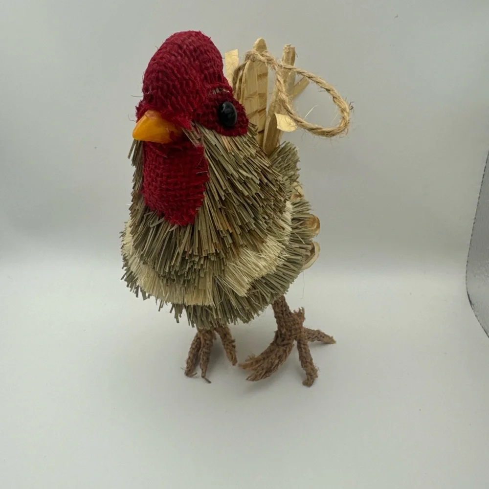 Handcrafted Straw Bird Decor - Red and Brown